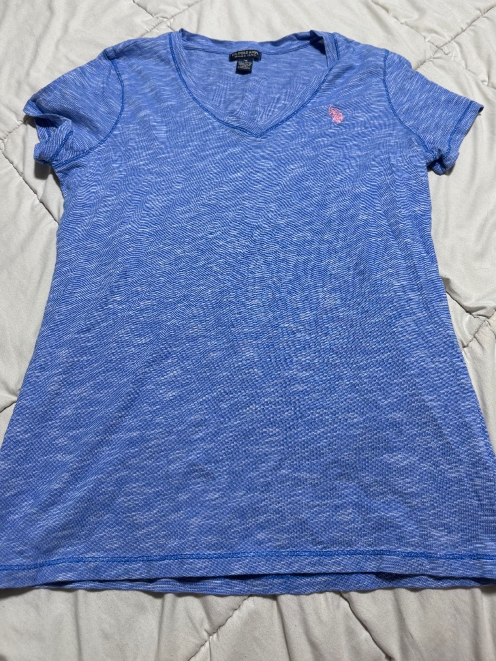 U.S Polo Assn Women Medium Blue Striped Short Sleeve Logo Casual Top T Shirt
